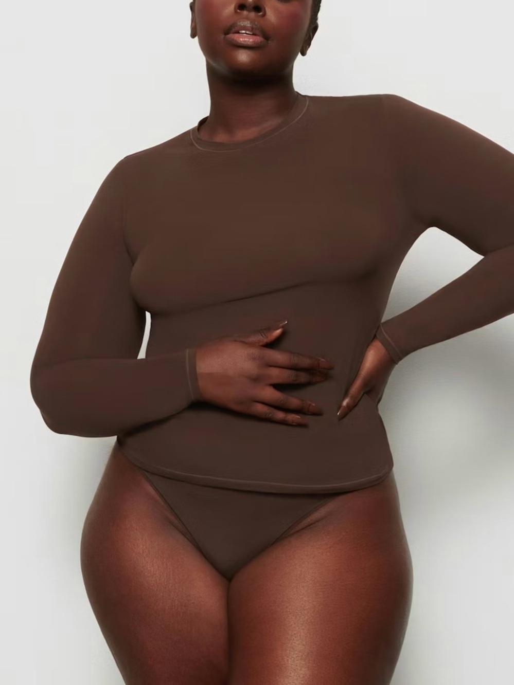 SKIMS Long Sleeve Crewneck Top in Chocolate